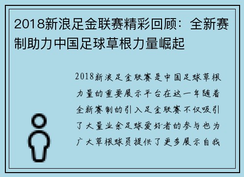 2018新浪足金联赛精彩回顾：全新赛制助力中国足球草根力量崛起